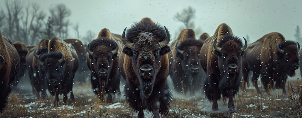 A herd of bison in the wilderness, with one very large and powerful animal leading them all. - obrazy, fototapety, plakaty