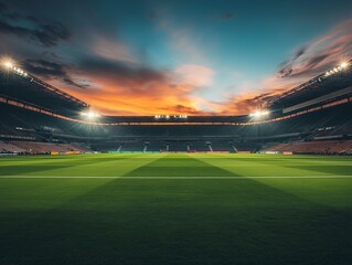 Lush green soccer field with stadium seats and vibrant sunset sky