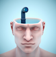 Human head with water inside and a periscope. Concept of psych, surveillance, mental concentration or analysis.