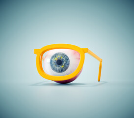 One eyeball behind spectacles. Ophthalmology or vision concept.