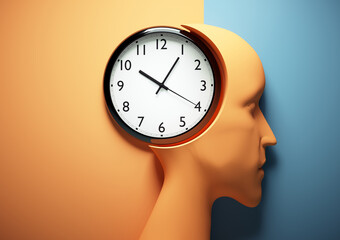 Human head profile with clock in place of brain.