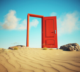Opened door in the desert. Escape concept.