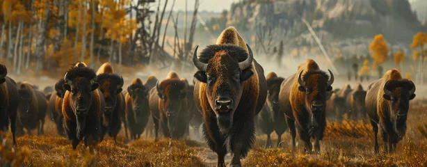 Zelfklevend Fotobehang A herd of bison in the wilderness, with one very large and powerful animal leading them all. © Kien
