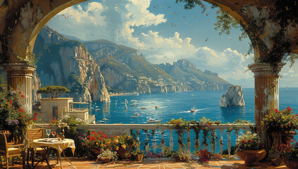  A picturesque view of the Amalfi Coast from an archway, overlooking a vast sea with boats and cliffs in the background. Created with Ai - obrazy, fototapety, plakaty