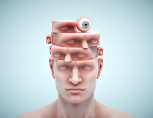 Sliced ​​human head with an eyeball. The visionary and analytical concept.