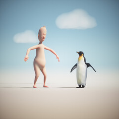 3d little man character imitating a penguin.