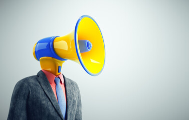 Man with a megaphone instead of head. Announcement and message.