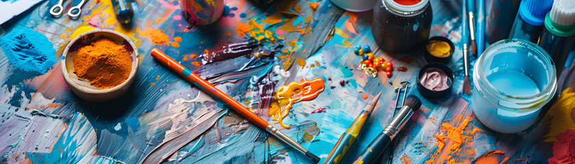 Wide panoramic shot of a messy painter's table with paintbrushes and vibrant colors. Art and design concept for creative projects and educational content. Studio photography with space for text.