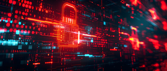 Cybersecurity and digital encryption concept. Glowing red padlock on circuit background. Internet security and data protection design for banner, wallpaper, technological presentations.