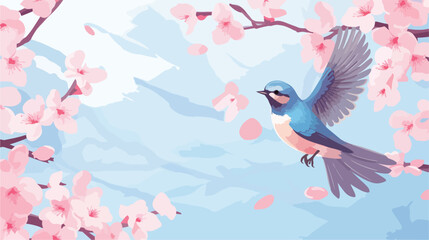 Tit bird flying towards blooming twig of sakura tre - obrazy, fototapety, plakaty