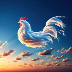 Lightly colored cloud sculpted into the shape of a chicken family in the clear blue sky - obrazy, fototapety, plakaty