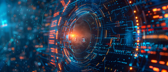 Fototapeta premium Advanced digital eye scanning system concept. Biometric security verification interface. Futuristic access control technology design for poster, security system interface background.