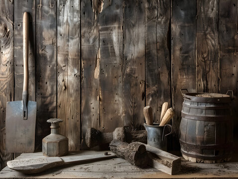 Rustic woodshed tools arrangement. Vintage agricultural tools against wooden wall. Rural life and traditional farming concept design for print, poster, countryside lifestyle promotion.