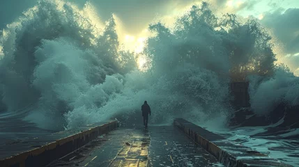 Rolgordijnen man on the pier huge waves © Aliaksei