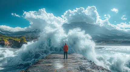 Foto op Plexiglas man on the pier huge waves © Aliaksei