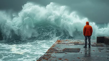 Raamstickers man on the pier huge waves © Aliaksei