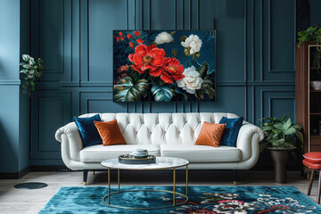 Photographer Chen Man's fashionable photography style features a dark blue, white and orange velvet sofa with large flowers painted on the backrest wall. Created with Ai