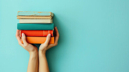 a hand is holding a stack of books against a blue background