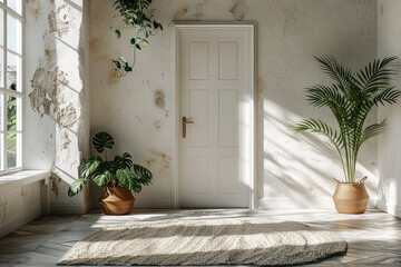 A white door stands in the center of an empty room, surrounded by plants and sunlight streaming through large windows. Created with Ai