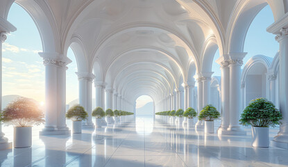 A white palace with marble columns and arches. Created with Ai