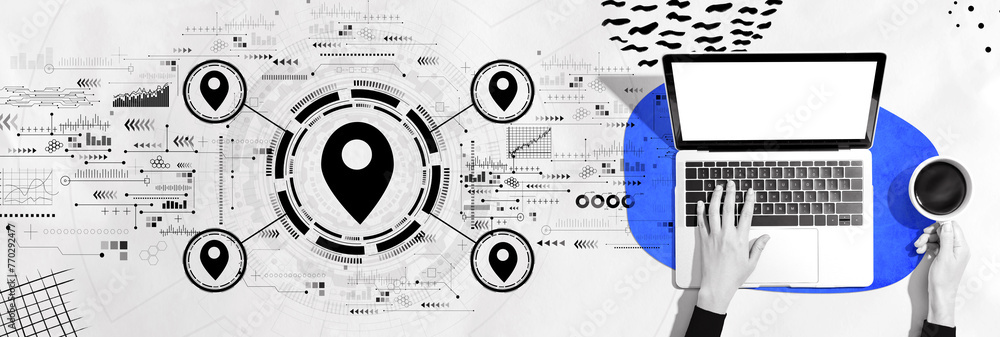 Poster map pin concept with person using a laptop computer