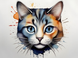 A Dashing Artistic Cat with Mesmerizing Eyes, Featuring a Vibrant Full-Face Logo Against a Crisp White Background"