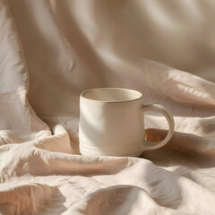 Fototapeta na wymiar A minimalist ceramic mug on a wavy fabric background, with natural light casting subtle shadows and creating a tranquil atmosphere