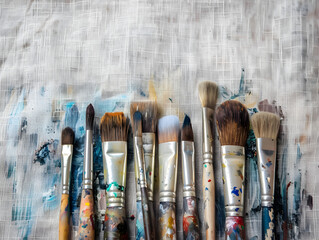 Assorted paintbrushes on stained canvas. Artist's tools with visible paint marks. Art and creativity concept for design, educational art materials, and workshop poster with copy space.