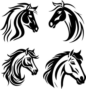 A set of horse heads, a simple vector image. The muzzle of an animal. Logo, black and white icon
