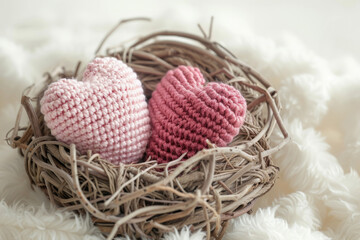 A small cozy nest with two crocheted hearts. Decorations for Valentine’s Day