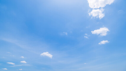 Panoramic view of clear blue sky and clouds, Blue sky background with tiny clouds. White fluffy clouds in the blue sky. Captivating stock photo featuring the mesmerizing beauty of the sky and clouds. - obrazy, fototapety, plakaty