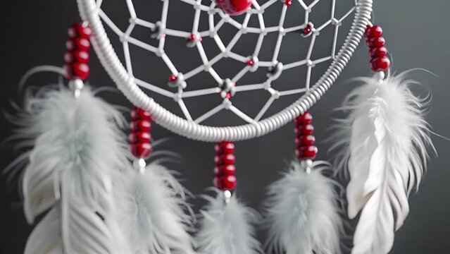 A zoomedin shot of a dreamcatcher reveals a weblike design made of white feathers and beads with a bold red stone in the center.
