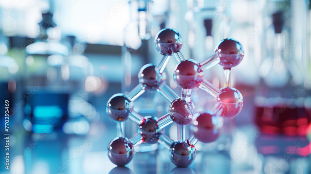 Poster a high-resolution 3d model of a molecule in a lab with a blue-toned background, symbolizing scientif
