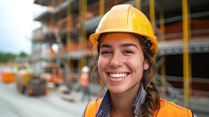 A beautiful smiling young woman construction worker in a helmet on a modern building site on a summer day