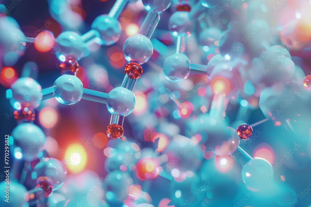 Poster vibrant 3d rendering of complex molecular structures in a dynamic composition with blue and pink lig