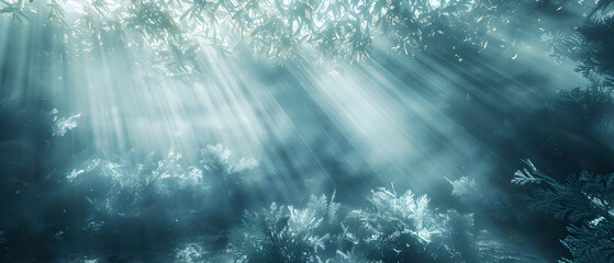 An ethereal underwater landscape with sunbeams piercing through the water, illuminating aquatic plants