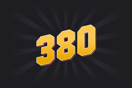 Number 380 vector font alphabet. Yellow 380 number with black background