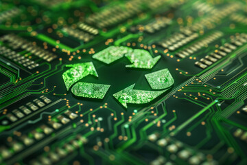 Concept of green technology. Green recycle symbol on a circuit board representing technological innovations. Environmental Green Technology Computer Chip. Green Computing, Green Technology