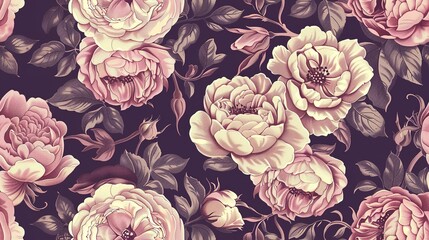 Victorian Damask seamless pattern, featuring detailed peonies and roses in a vintage layout . Seamless Pattern, Fabric Pattern, Tumbler Wrap.