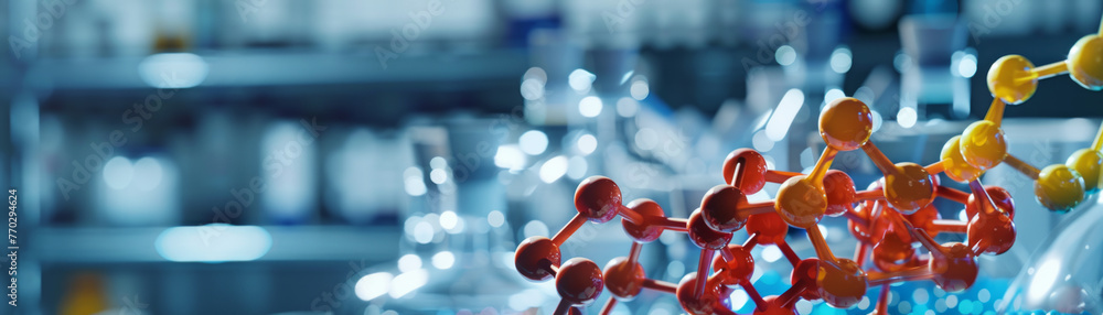 Poster dynamic composition of a molecular structure in a science lab setting emphasizing the vibrancy of re