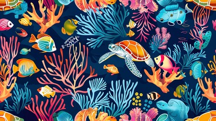 Fototapeta premium Tropical underwater life seamless pattern with colorful coral reefs, fish, and sea turtles. Seamless Pattern, Fabric Pattern, Tumbler Wrap.