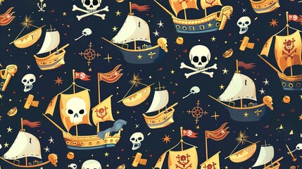 Obraz premium Pirate adventure seamless pattern with treasure chests, pirate ships, and skull flags. Seamless Pattern, Fabric Pattern, Tumbler Wrap.