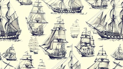 Historic naval ships seamless pattern, featuring famous vessels from the Age of Sail . Seamless Pattern, Fabric Pattern, Tumbler Wrap.