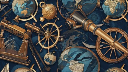 Seamless pattern of marine navigation tools, including sextants, telescopes, and old globes . Seamless Pattern, Fabric Pattern, Tumbler Wrap. - obrazy, fototapety, plakaty