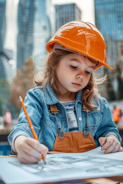 A child in a construction helmet drawing skyscrapers and buildings in pencil, showing great ambition to be an architect