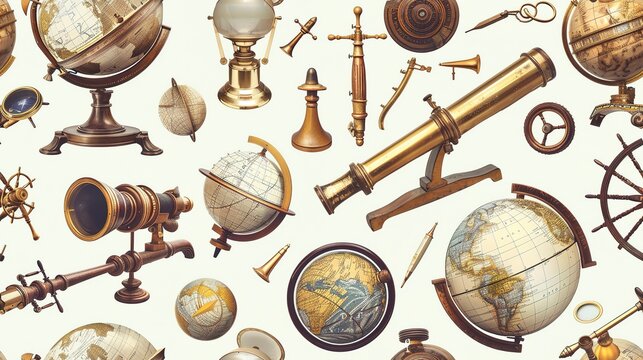 Seamless pattern of marine navigation tools, including sextants, telescopes, and old globes  . Seamless Pattern, Fabric Pattern, Tumbler Wrap.