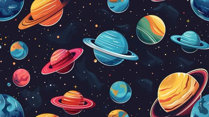 Stylized planets seamless pattern, featuring artistic interpretations of the solar system's planets. Seamless Pattern, Fabric Pattern, Tumbler Wrap.