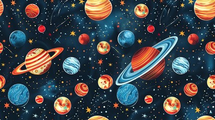 Stylized planets seamless pattern, featuring artistic interpretations of the solar system's planets . Seamless Pattern, Fabric Pattern, Tumbler Wrap.