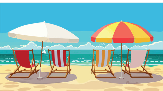 Vector deck chairs under beach umbrella flat cartoon