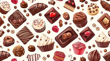 Seamless pattern of chocolates and sweets, a confectionery dream with candies and truffles. Seamless Pattern, Fabric Pattern, Tumbler Wrap.